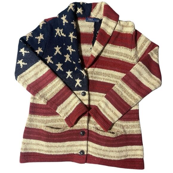 Ralph Lauren Polo Flag Cardigan Sweater Shawl Collar Americana Vintage Knit L - Picture 2 of 16